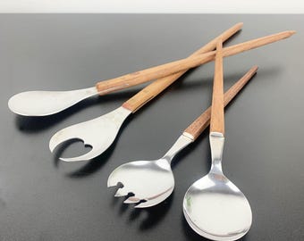 2 zestawy retro drewnianych łyżek do sałatki: sztućce ze stali nierdzewnej