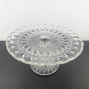 Vintage Diamond Pattern Pressed Glass Cake Stand: Bohemian Pedestal Plate