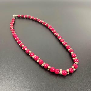 Cerise and silver beaded necklace with magnetic clasp | round red bead necklace | statement beaded necklace