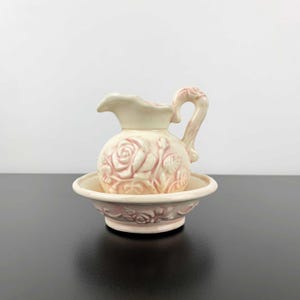 Handmade Miniature Ceramic Wash Bowl and Jug: Rose Design
