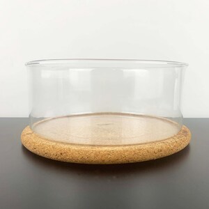 May include: A clear glass cloche with a rounded shape, sitting on a round cork base. The cloche is designed to cover and protect items. The cork base is a light brown colour. The cloche and base are on a dark surface.