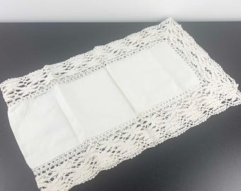 Vintage White Table Runner: Hand Crotcheted Lace Edge Runner