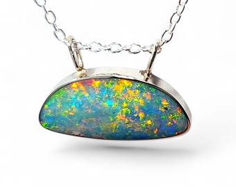 Asbru' Genuine Australian Opal Necklace 14K White Gold 1.9g Q76
