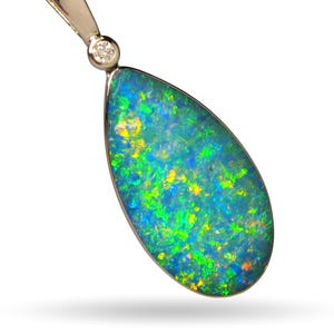 Genuine Australian Opal Pendant 12.9ct 14k White Gold & Diamond Inlay Gem I93