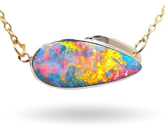 Pavone Rosso&#39; Rare Genuine Australian Opal 14k Gold Pendant Necklace 10ct N61