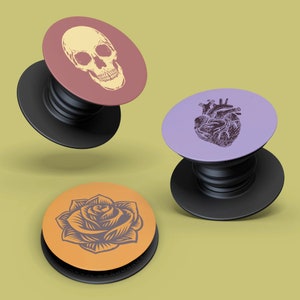 Goth Phone Grip Stand with Witchy Skull Rose and Heart Designs