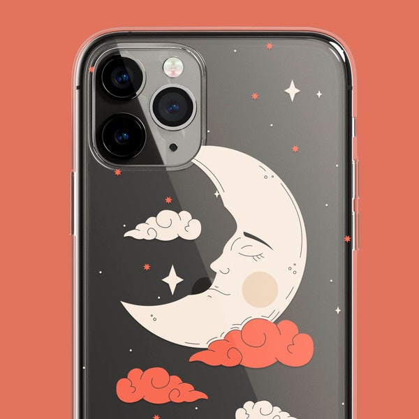 Tarot Card Moon Clear Phone Case avec Moon Stars Flowers Design pour iPhone 7, 8, X, 11, 12, 13, 14, 15 Mini Max Pro Plus