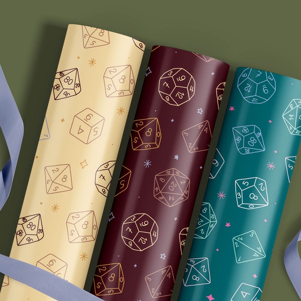 DnD-Inspired Wrapping Paper, Fantasy RPG 20-Sided Dice Design, Tabletop Gamer Gift Wrap, Witchy D20 Dice Pattern