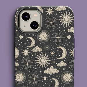 Sun and Moon Zodiac iPhone Case with Celestial Witchy Pattern for iPhone 7, 8, X, 11, 12, 13, 14 Mini Max Pro Plus