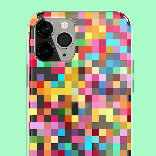 Pixel Game Clear Phone Case with 8-Bit Rainbow Confetti Design for iPhone 7, 8, X, 11, 12, 13, 14, 15 Mini Max Pro Plus