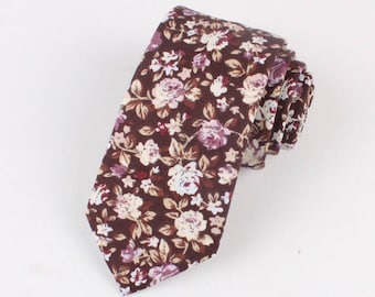 ALFRED Brown Floral Skinny Tie 2.36" Mytieshop | Wedding ideas | Floral print ties | wedding ties | neckties wedding | Groomsmen and groom