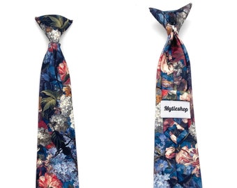 HAMILTON Boys Floral Clip On Tie 2.36" for kids | Mytieshop kids floral print tie for kids and children. Blue floral clip on tie for kids