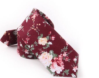 WESLEY Burgundy Floral Skinny Tie 2.36"| Floral Tie | Flower Tie | formal | prom | Wedding Tie | Wedding Ideas | Ideas | Groom | maroon