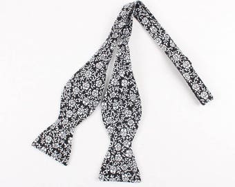 Rose - Men's Black and white Self Tie Bow Tie| Mytieshop | Wedding ideas | Groom | Groomsmen | Prom | Floral print | Flower ties