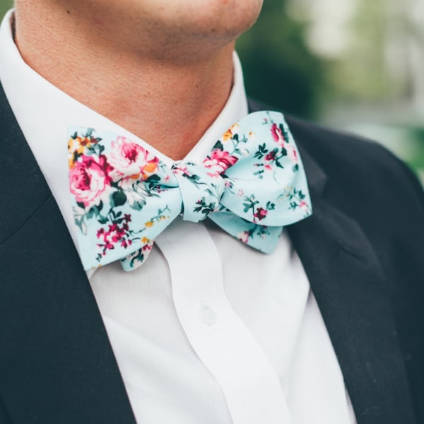 Azure - Men's Teal Self Tie Bow Tie| Mytieshop | Wedding ideas | Groom | Groomsmen | Prom | Floral print | Flower ties