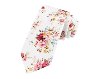 White Floral Tie Skinny 2.36” BENJAMIN Mytieshop | Wedding ideas | Floral print ties | wedding ties | neckties wedding | Groomsmen and groom