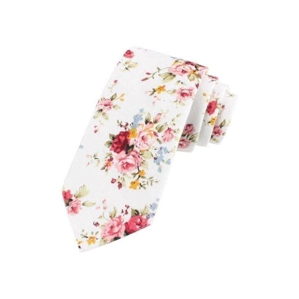 White Floral Tie Skinny 2.36” BENJAMIN Mytieshop | Wedding ideas | Floral print ties | wedding ties | neckties wedding | Groomsmen and groom