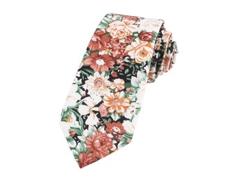 PEACH Floral Skinny Tie 2.36&quot; Mytieshop | Wedding ideas | Floral print ties | wedding ties | neckties wedding | Groomsmen and groom orange