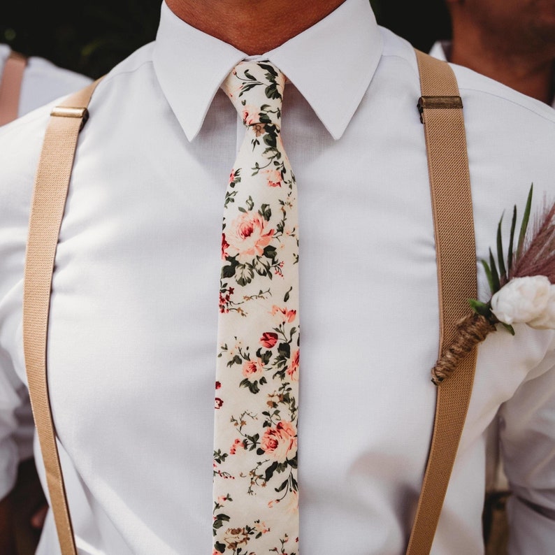 EMMETT Cream Floral Skinny Tie 2.36" Floral Tie Mytieshop - Mytieshop off white flower tie with pink and greens weddings groomsmen. Styled photo shoots. Wedding ideas