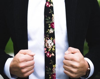 JAKE Floral Skinny Tie 2" (Linen) | Mytieshop | Wedding ideas | Floral print ties | black floral wedding tie | Groomsmen and groom | Wedding