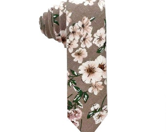 Taupe Floral Tie 2.36" by MYTIESHOP DEAN | Flower print ties | Floral print ties | Skinny Ties for weddings and events | Taupe Floral Tie