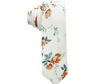 White Floral Tie 2.36" KENNEDY by MYTIESHOP | Flower print ties | Floral Ties for wedding | Skinny Ties for weddings and events