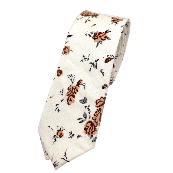 Beige Floral Skinny Tie 2.36" ERIC Mytieshop | Wedding ideas | Floral print ties | wedding ties | neckties wedding | Groomsmen and groom