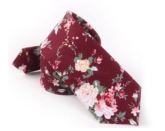 Burgundy Floral tie for weddings 2.36” WESLEY - MYTIESHOP | Floral print ties for weddings | Groom and Groomsmen flower ties | Wedding ideas