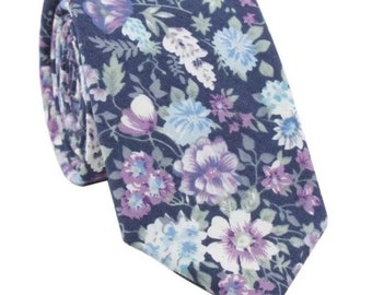 Purple Floral Skinny Tie 2.36" SWEET PEA Mytieshop | Wedding ideas | Floral print ties | wedding ties | Groomsmen and groom | Blue tie