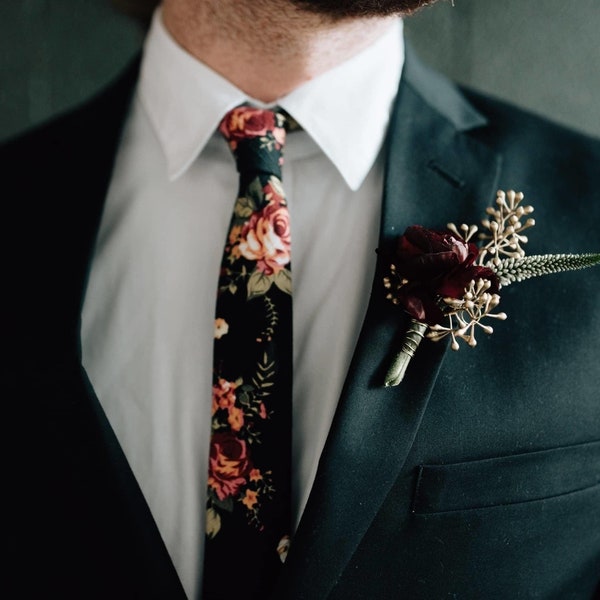 JAMES Black Floral Skinny Tie 2"| Mytieshop | Wedding ideas | Floral print ties | wedding ties  | neckties for wedding | Groomsmen and groom