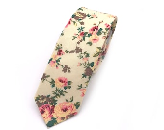 LYRA Cream Floral Skinny Tie 2.36" Mytieshop | Wedding ideas | Floral print ties | wedding ties | neckties wedding | Groomsmen and groom
