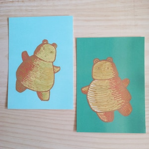 Postcard/Bear/Printed postcard/2 Postscard set/Hug/Hugging Bear/Hug postcard/Print/Bear Print/Wood/Bear hug/Set of 2 postcards/Running bear
