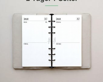 May include: A beige ring-bound planner open to a two-page spread for January 2027. The white pages feature a dot grid layout with headers for days of the week, including Montag, Dienstag, and Mittwoch. The text 2 Tage. 1 Seite. appears above.