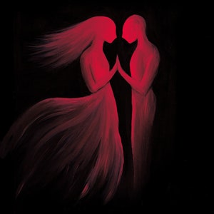 Puede incluir: Una pintura de dos figuras de color rojo oscuro, de pie frente a frente con las manos entrelazadas. Las figuras están silueteados sobre un fondo negro.