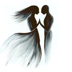 May include: A black and white painting of two figures facing each other. The figures are silhouetted against a white background. The woman's hair is flowing in the wind.
