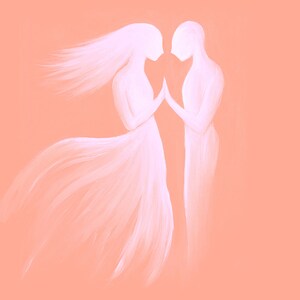 Puede incluir: Una pintura digital de dos figuras blancas que se miran en un fondo melocotón. Las figuras se toman de la mano y parecen estar en un abrazo amoroso.