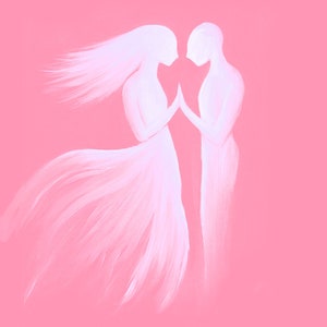 May include: A white silhouette of two people holding a heart shape against a pink background.
