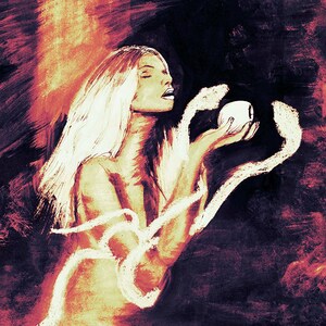 May include: A painting of a woman with long blonde hair holding a white orb in her hands. The background is a dark red and orange color.