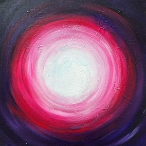 May include: Abstract painting with a white circle in the center surrounded by concentric circles of pink, red, and purple.