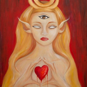 May include: A painting of a woman with a third eye on her forehead, wearing a gold crown and holding a bleeding heart in her hands.