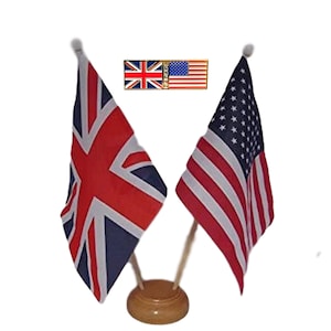 UNION JACK AND PAKISTAN TWIN TABLE FLAG SET with WOODEN BASE 9"X6" FLAGS 