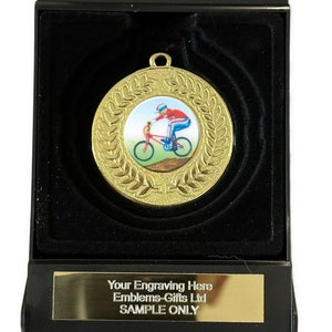 Extreme Cycling 50mm Gold Contour Medal in Box Engraved Free image 1