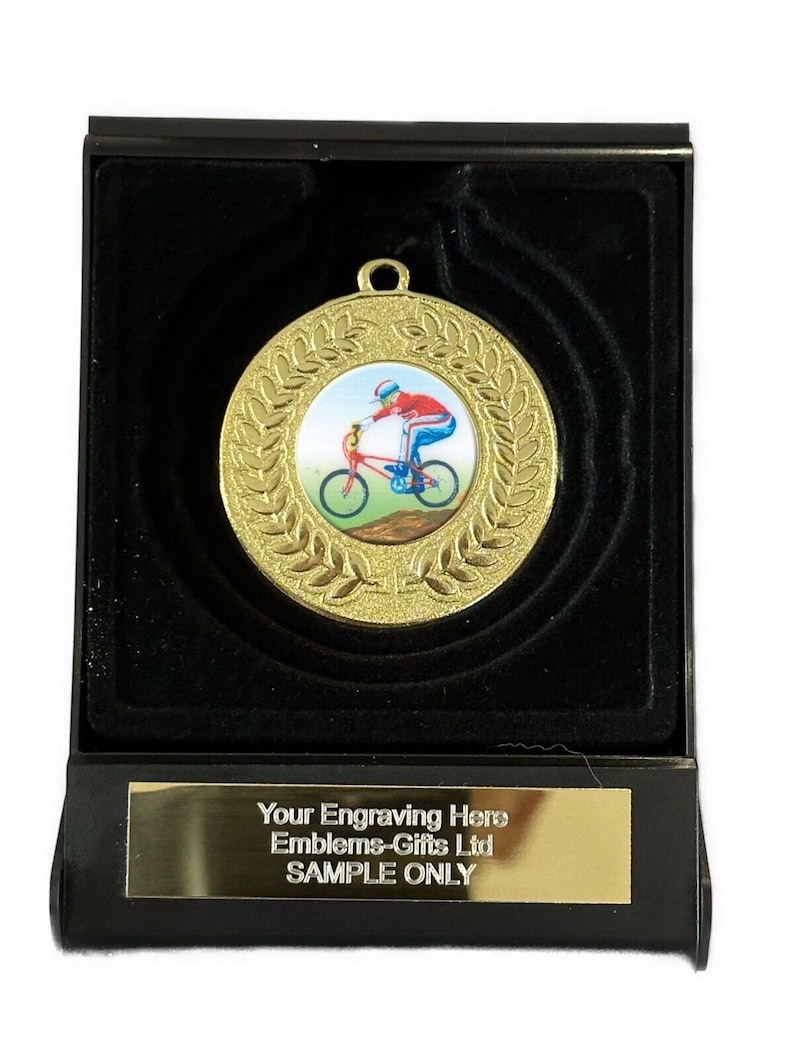 Extreme Cycling 50mm Gold Contour Medal in Box Engraved Free image 1