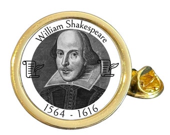 Insigne d'épinglette en forme de dôme plaqué or William Shakespeare dans un sac