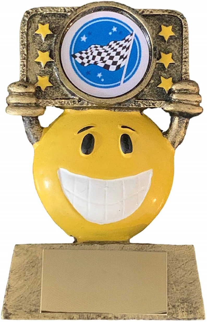 ENGRAVED FREE Trophy Emblems-Gifts Personalised Happy Chappy Checkered Flag Award