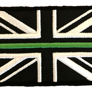 Thin Green Line Black Union Jack Embroidered Sew or Iron on Patch Badge (A)
