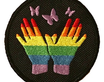 LGBTQ Gay Pride Hands Butterflies Rainbow Embroidered Sew or Iron on Patch (A)