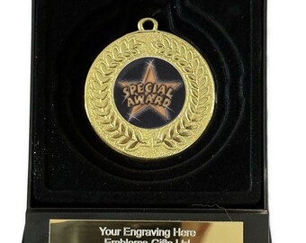 Star Special Award 50mm Gold Contour Medal in Box Engraved Free