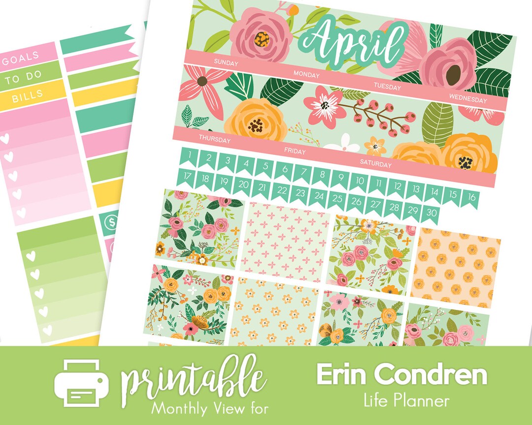 Printable Planner Stickers April Monthly View Kit Spring Flowers Theme ...