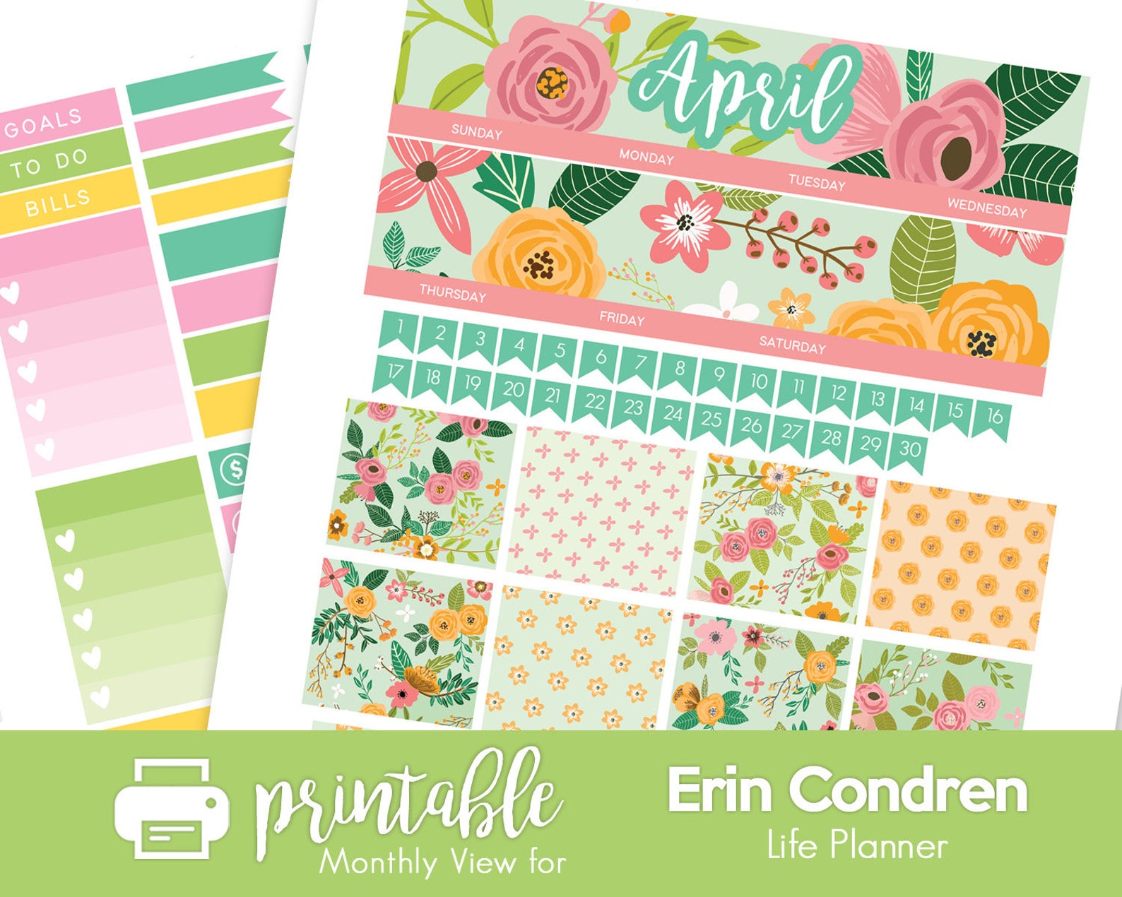 Printable Planner Stickers April Monthly View Kit Spring Flowers Theme ...